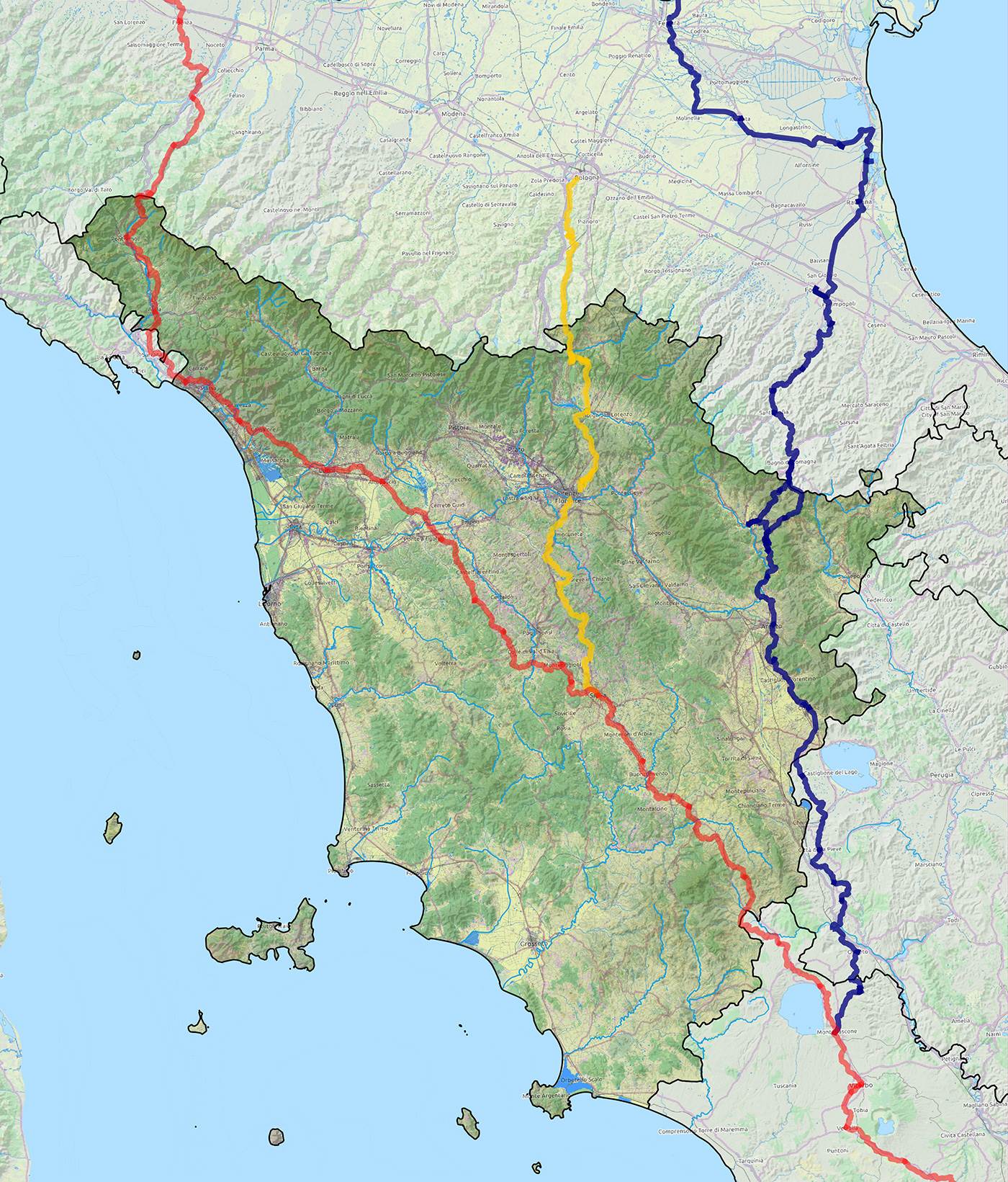 Le principali direttrici della viabilità medievale in Toscana: la via Francigena (in rosso), la via Germanica (in blu), la via Bolognese e Sanese (in giallo).